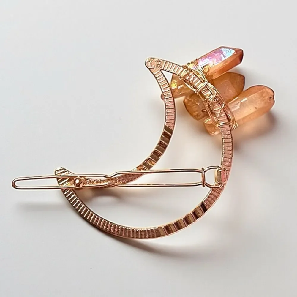 Handmade Genuine Aura Coated Gold Quartz Crescent Moon Hair Clip